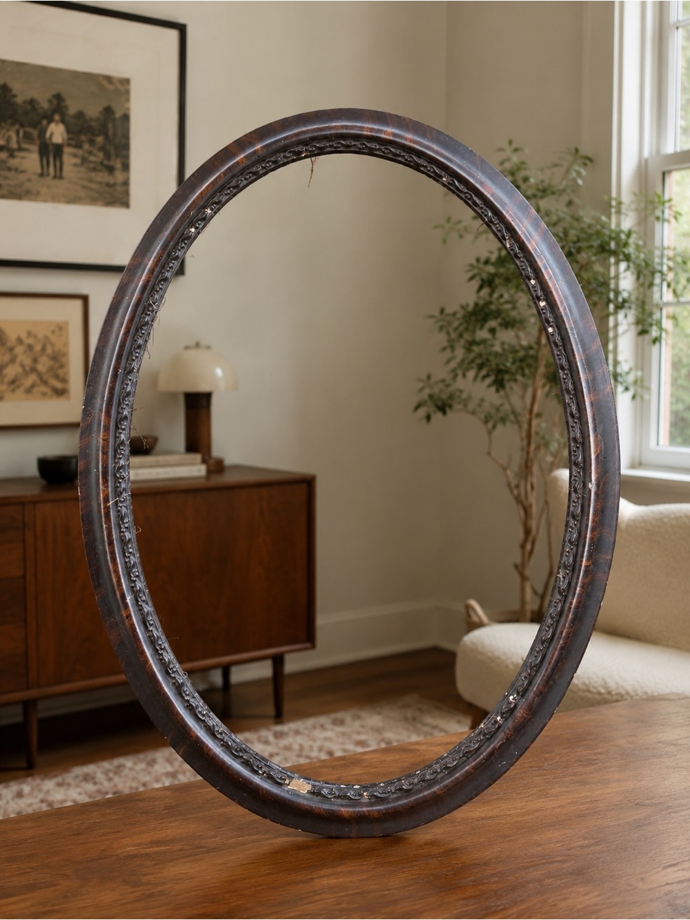 Antique-Style Oval Wall Frame in Dark Brown